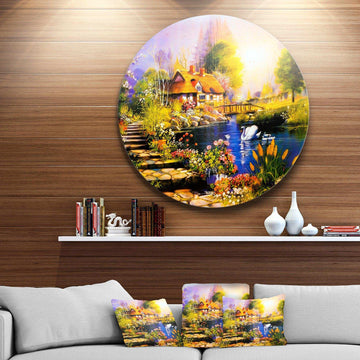 House near the Lake Swans - Landscape Circle Metal Wall Decor